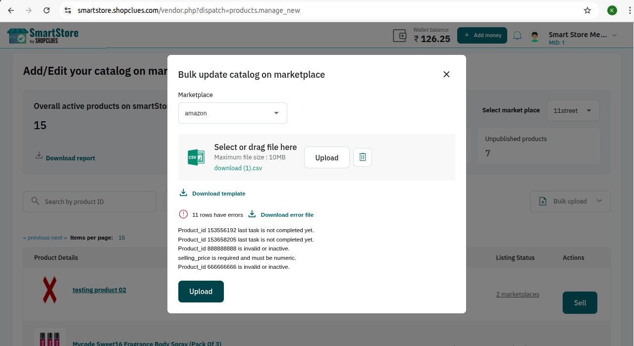 SmartStore error-handling view for a bulk catalog operation